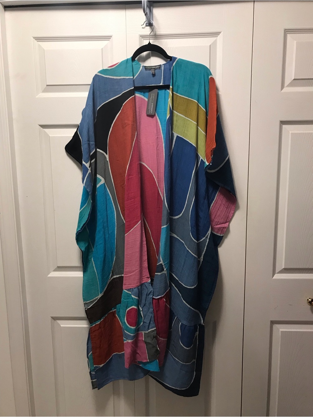 Colorblock Open-Front Kimono Wrap - Blue, Pink & Teal